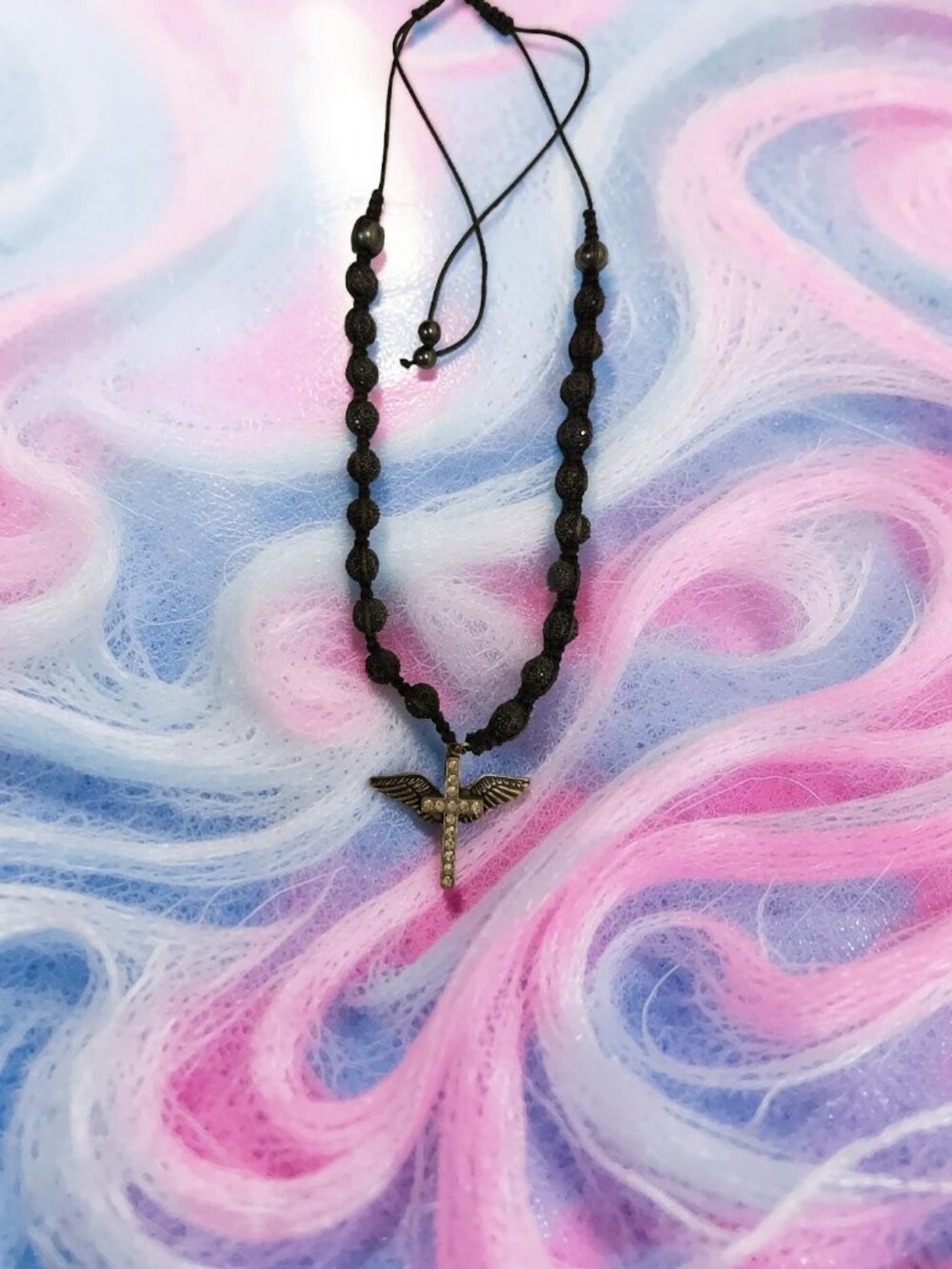 Black pave shamballah beaded cross w wings Necklace!  Adjustable
